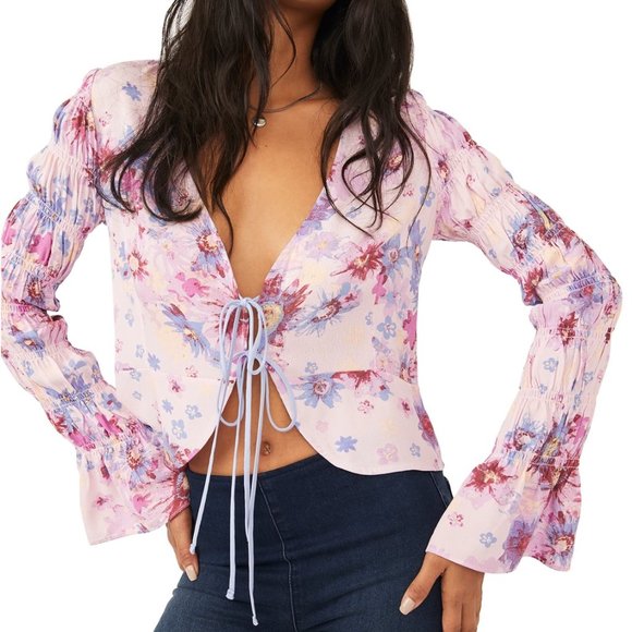 Free People Venice Floral Tie-Front Top Large | Rose Combo | NWT | Boho Blouse - Picture 4 of 13